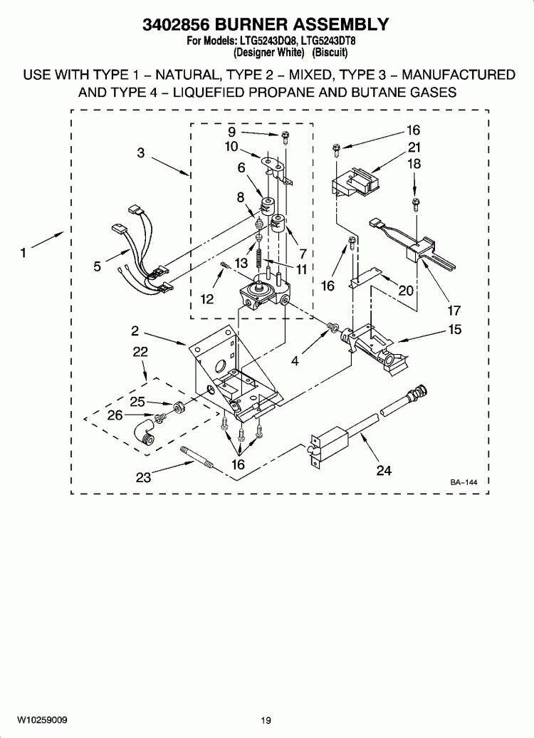 3402856 BURNER ASSEMBLY Diagram and Parts List for LTG5243DT8  Whirlpool Washer Dryer Combo