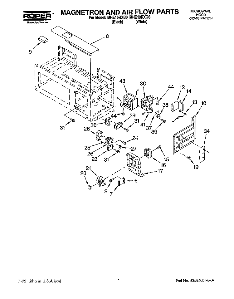 MAGNETRON AND AIR FLOW Diagram and Parts List for MHE10RXB0  Roper Microwave