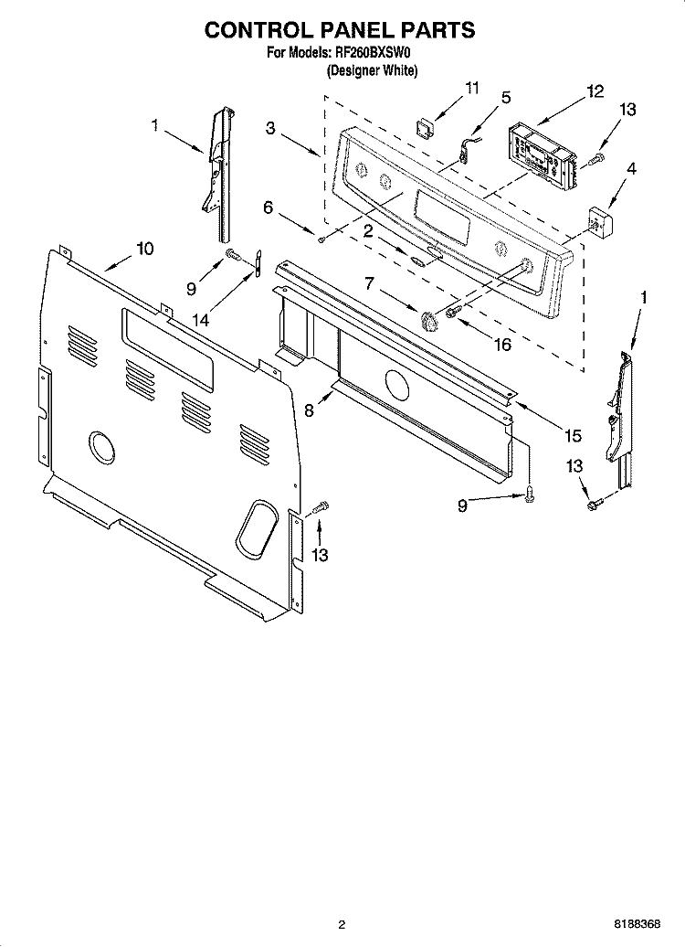 CONTROL PANEL PARTS Diagram and Parts List for RF260BXSW0  Whirlpool Range