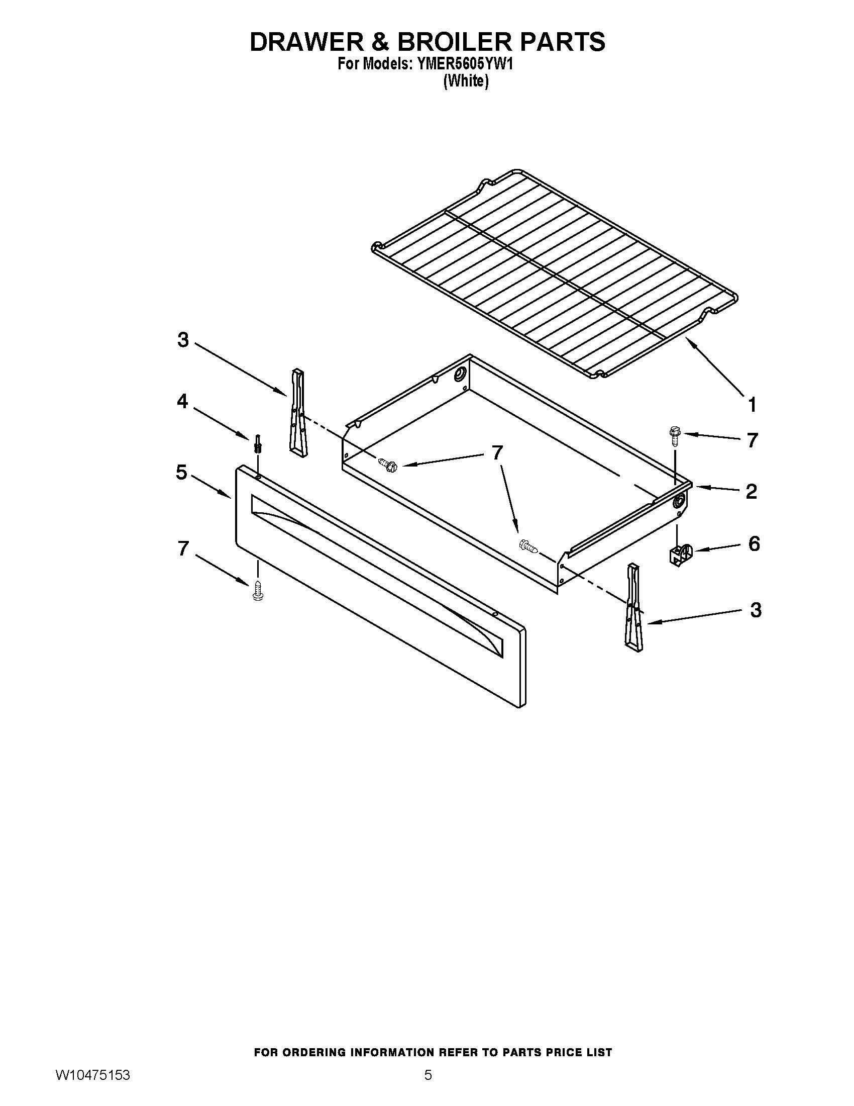 04 - DRAWER & BROILER PARTS Diagram and Parts List for YMER5605YW1  Whirlpool Range