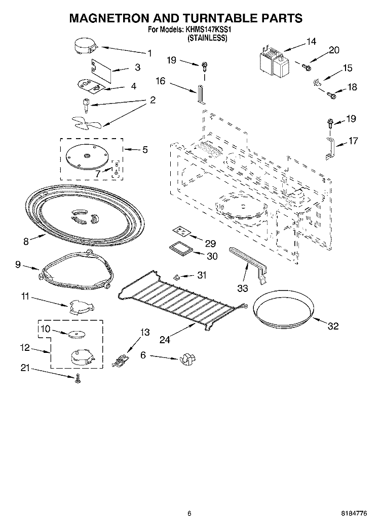 MAGNETRON AND TURNTABLE Diagram and Parts List for KHMS147KSS1  KitchenAid Microwave