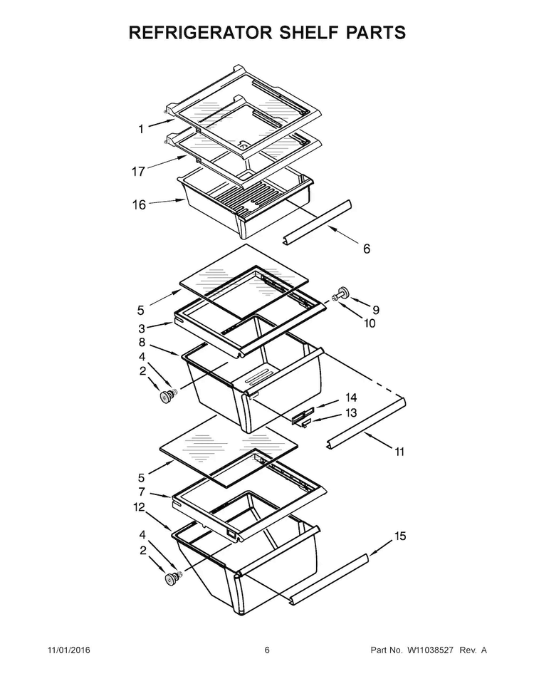 Refrigerator Shelf Parts Diagram and Parts List for WRS325FNAB00  Whirlpool Refrigerator