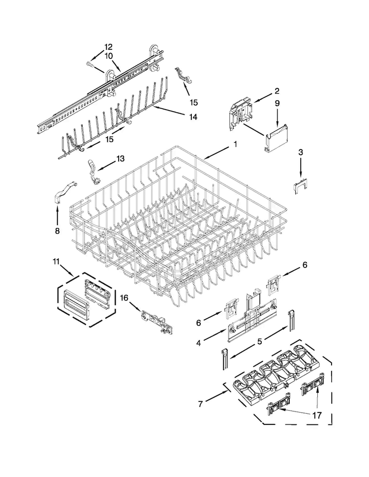 Upper Rack And Track Parts Diagram and Parts List for KDTE554CSS0  KitchenAid Dishwasher