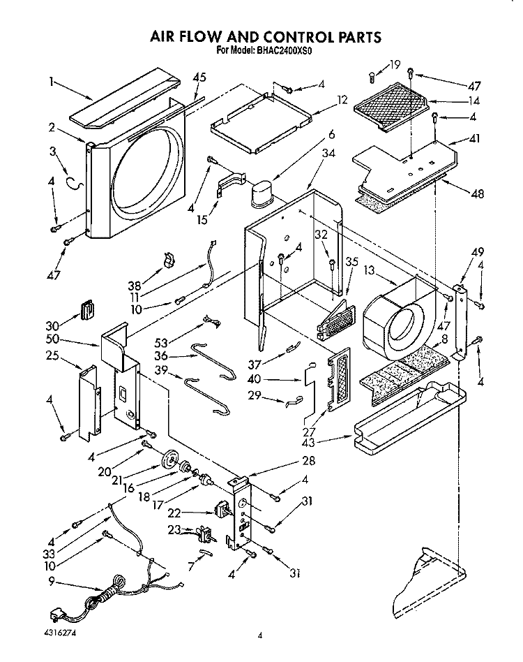 AIR FLOW AND CONTROL Diagram and Parts List for BHAC2400XS0  Whirlpool Air Conditioner