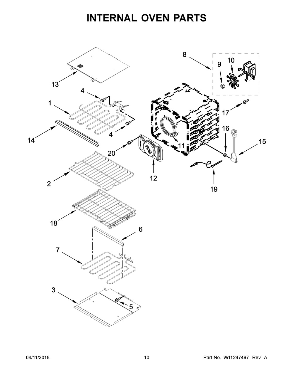 Internal Oven Parts Diagram and Parts List for KODE507EBL04  Whirlpool Wall Oven