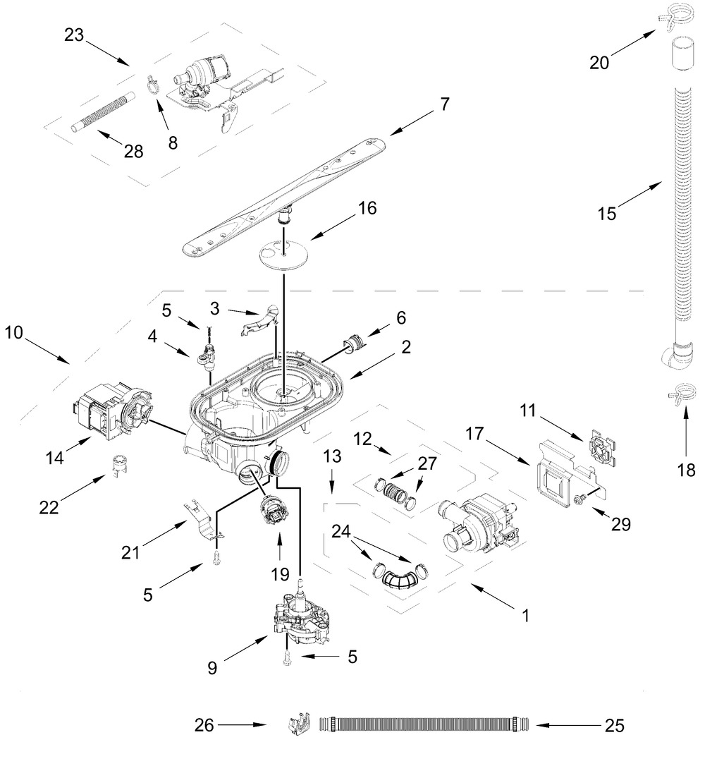 Pump, Washarm And Motor Parts Diagram and Parts List for WDT751SAPZ2  Whirlpool Dishwasher