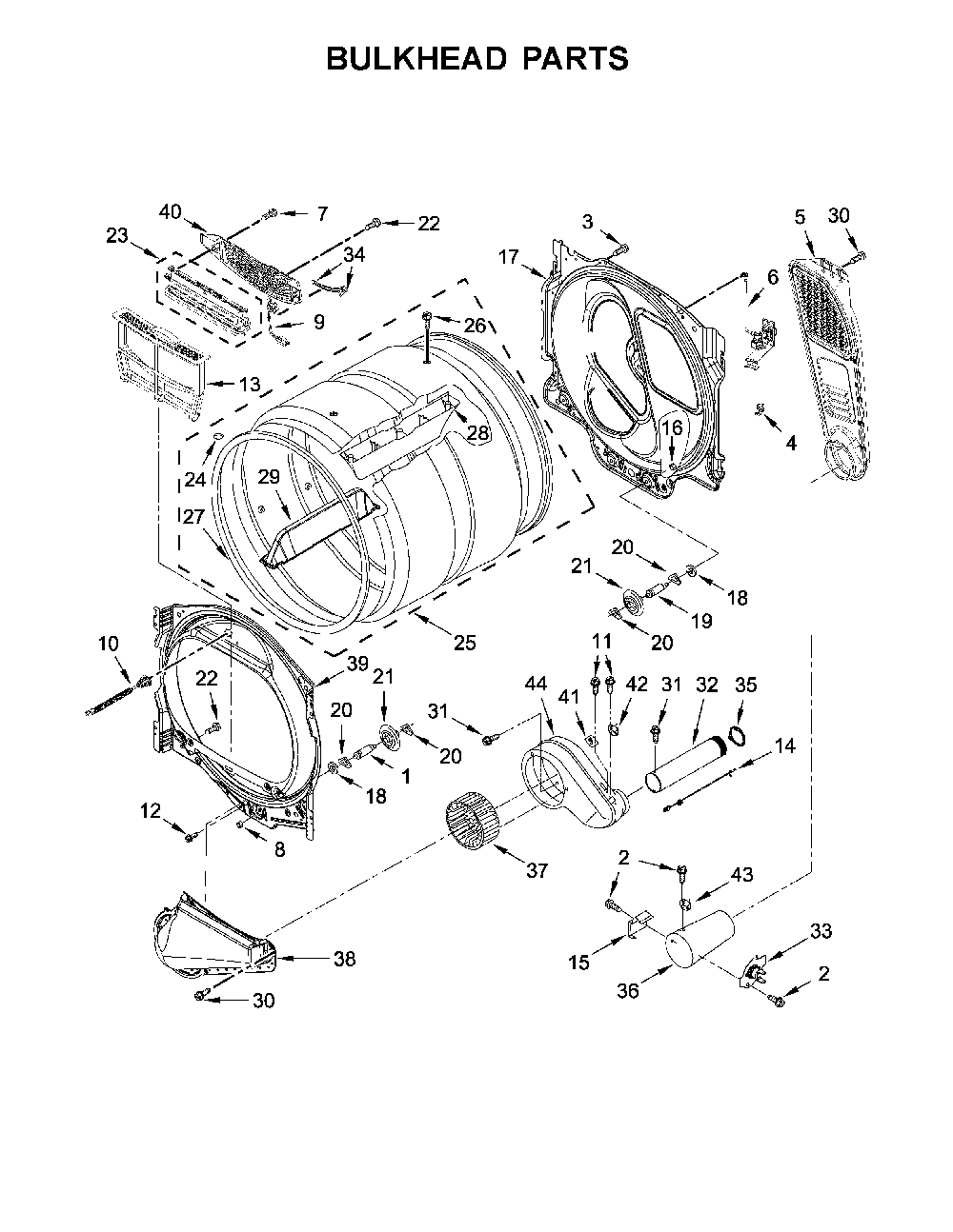 Bulkhead parts Diagram and Parts List for 11079132414  Kenmore Dryer