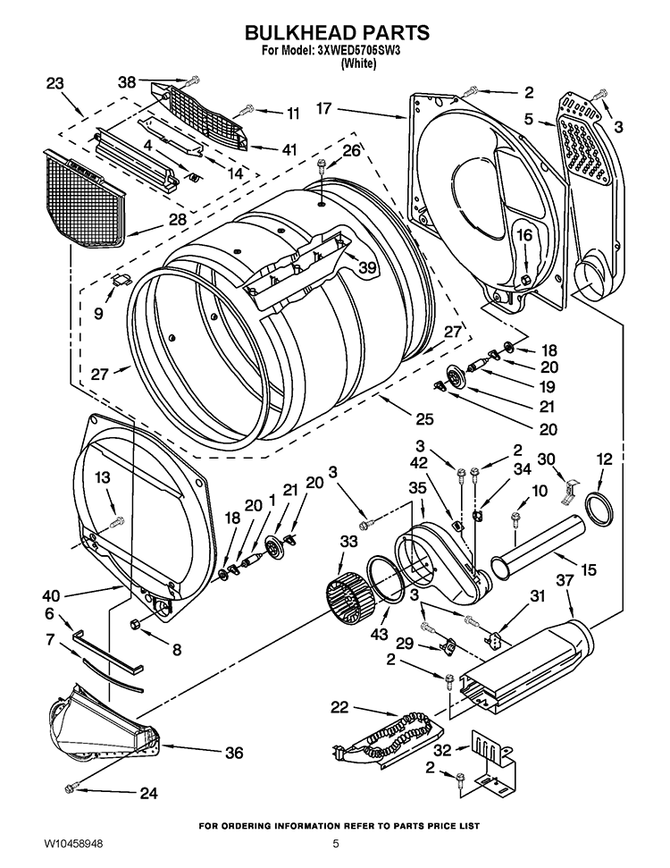 BULKHEAD PARTS Diagram and Parts List for 3XWED5705SW3  Whirlpool Dryer