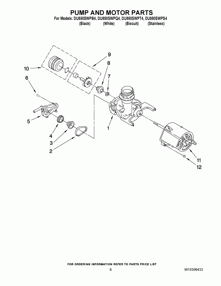 PUMP AND MOTOR PARTS Diagram and Parts List for DU850SWPB4  Whirlpool Dishwasher
