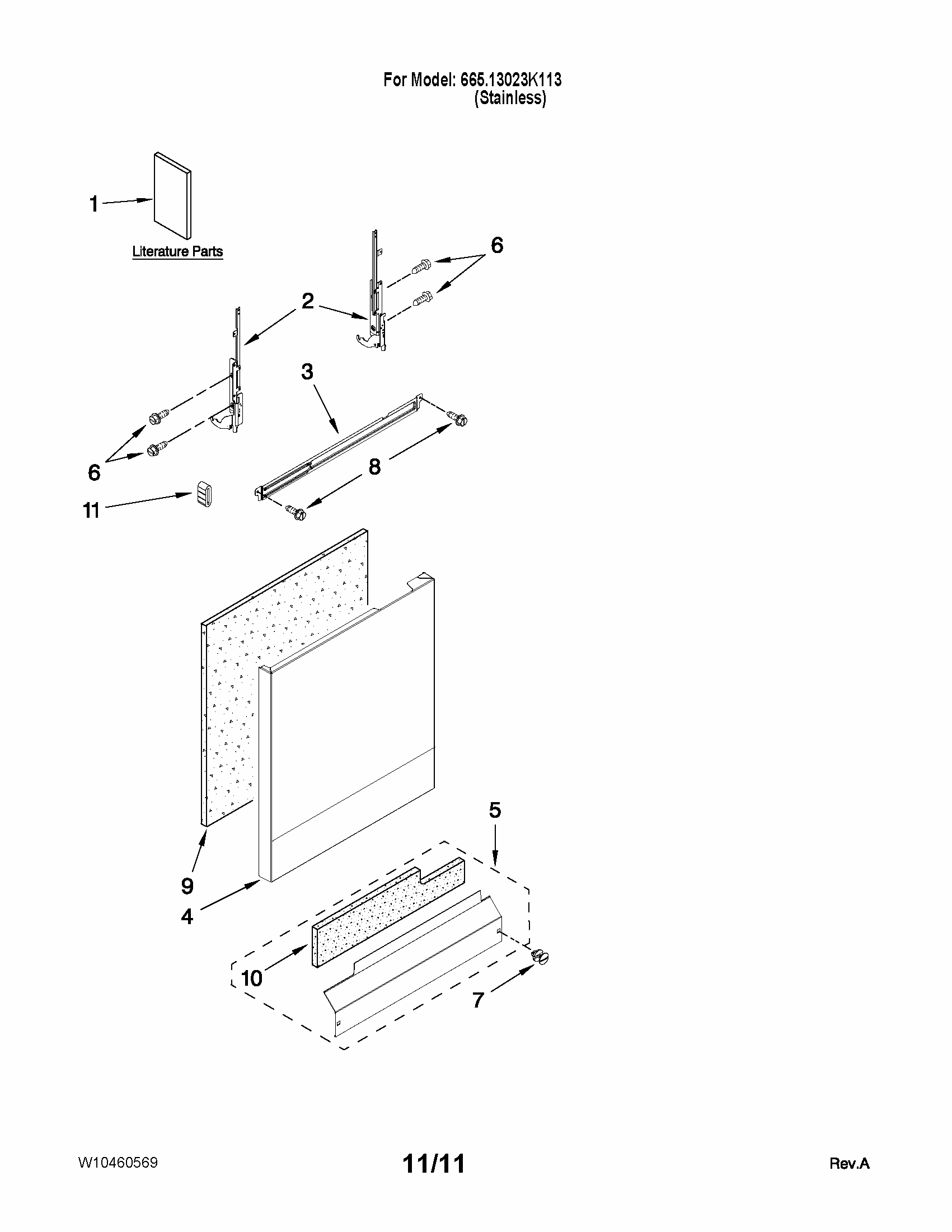 Door And Panel Parts Diagram and Parts List for 66513023K113  Kenmore Dishwasher