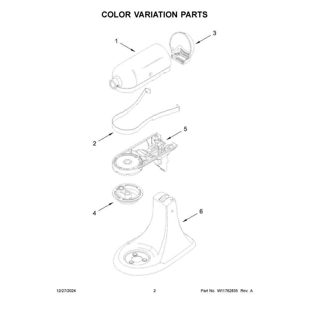Color Variation Parts Diagram and Parts List for 5KSM195PSBBT5  KitchenAid Mixer