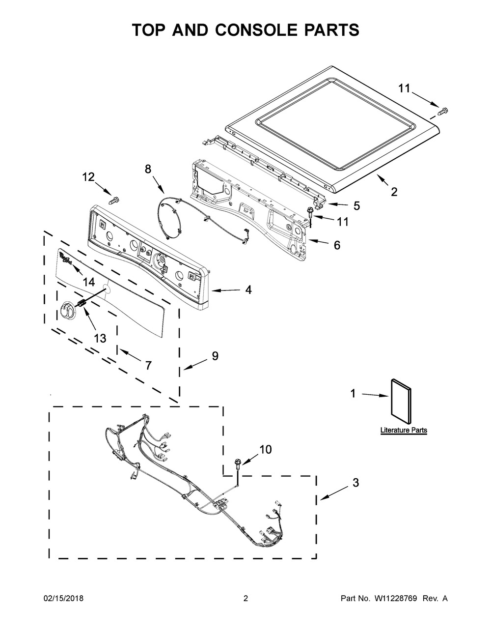 Top And Console Parts Diagram and Parts List for YWED85HEFW2  Whirlpool Dryer