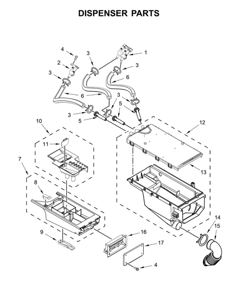 Dispenser Parts Diagram and Parts List for CET9000GQ0  Whirlpool Washer Dryer Combo