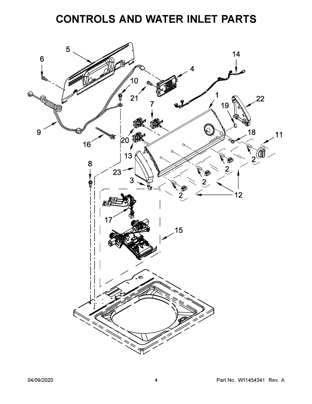 Controls And Water Inlet Parts Diagram and Parts List for CAW38125HW0  Whirlpool Washer