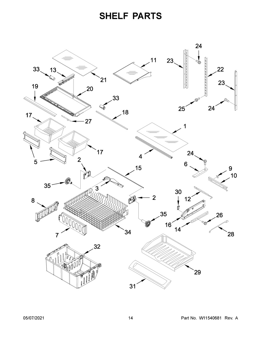 Shelf Parts Diagram and Parts List for WRF535SWHZ07  Whirlpool Refrigerator