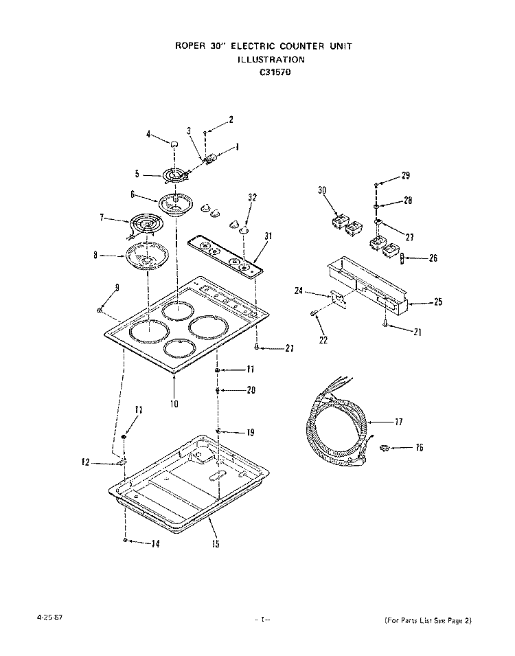 ELEC COUNTER UNIT Diagram and Parts List for C3157W0  Roper Range