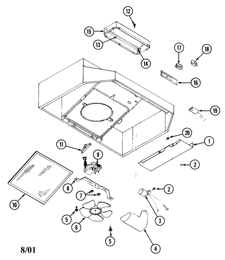 Body/internal Parts Diagram and Parts List for UXT3030AAS  Whirlpool Range Hood