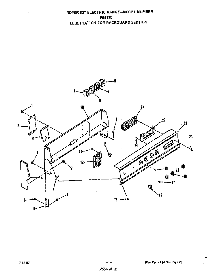 Backguard Diagram and Parts List for F5817*0  Roper Range