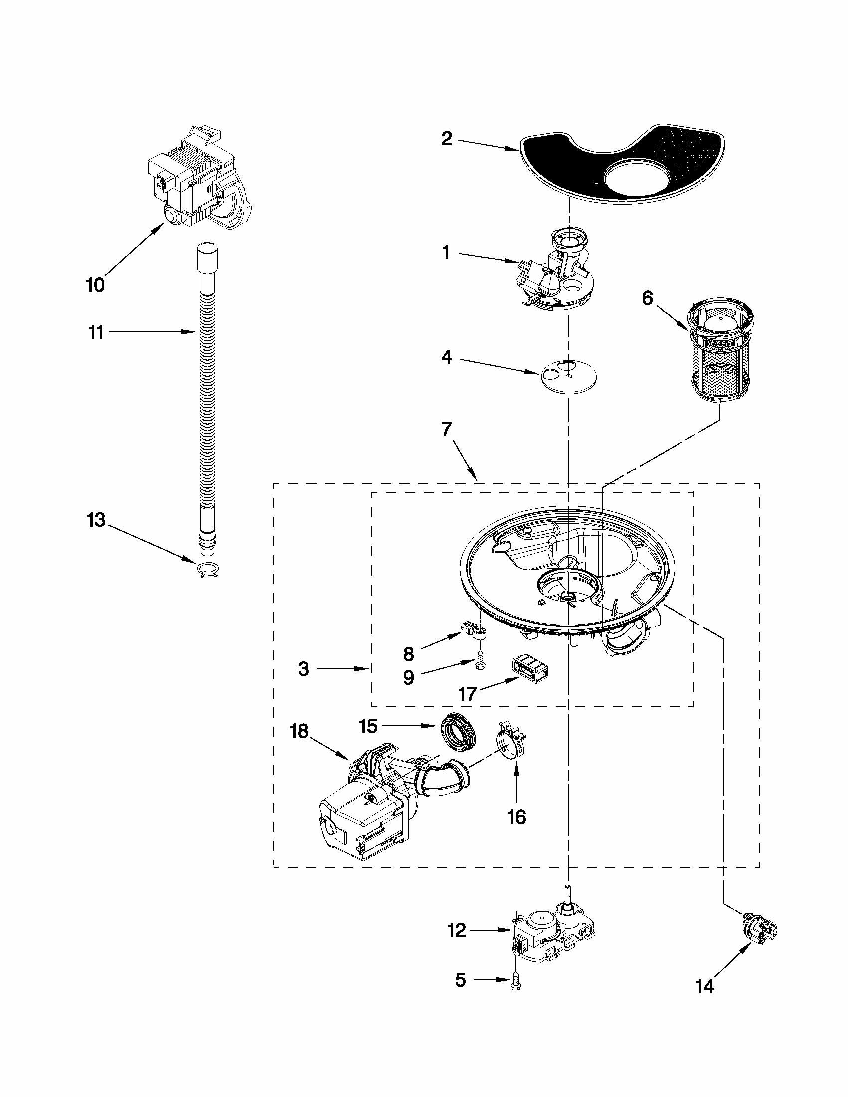 Pump, Washarm And Motor Parts Diagram and Parts List for 66513042K112  Kenmore Dishwasher