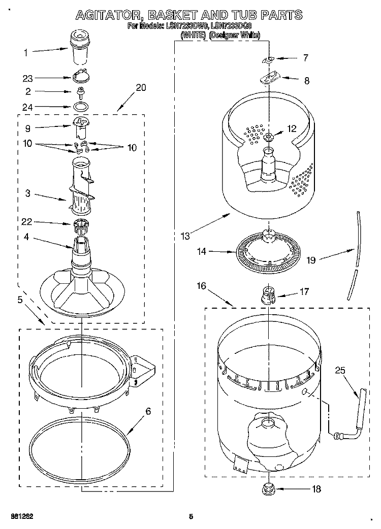 AGITATOR, BASKET AND TUB Diagram and Parts List for LSN7233DW0  Whirlpool Washer