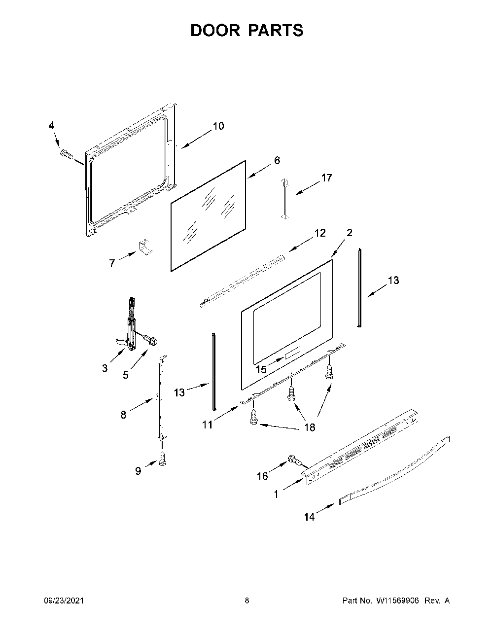 Door Parts Diagram and Parts List for KFEG500EWH4  KitchenAid Range