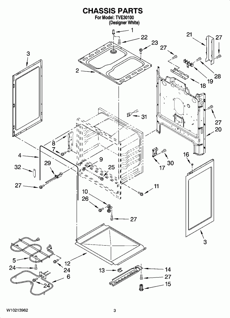 CHASSIS PARTS Diagram and Parts List for TVE30100  Whirlpool Range