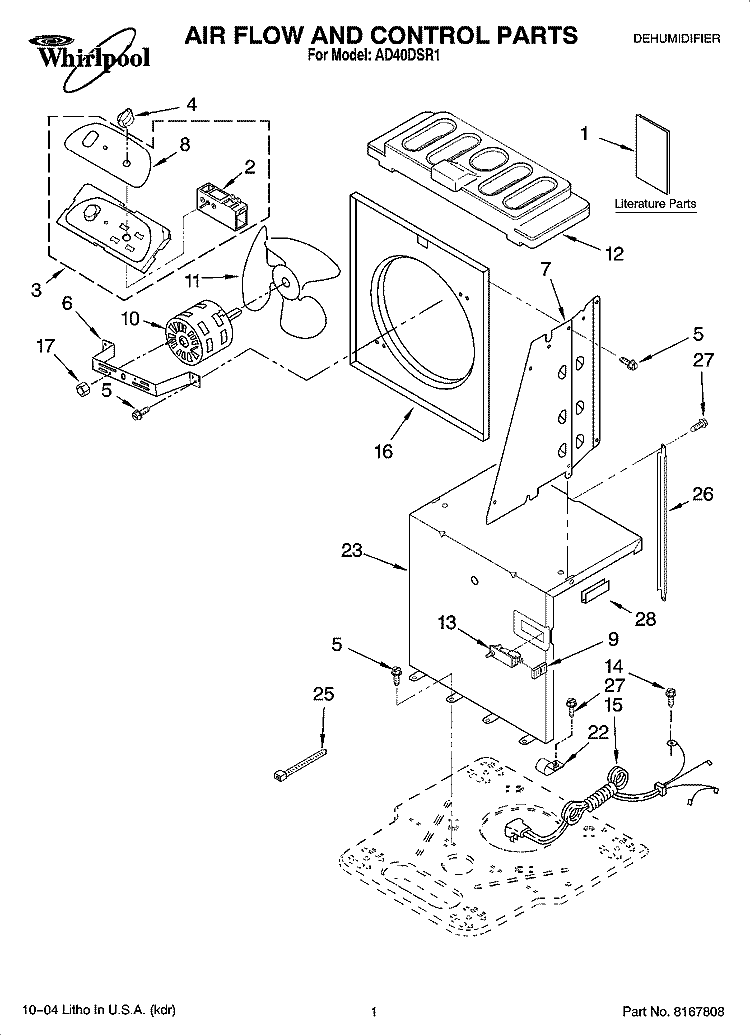 AIR FLOW AND CONTROL PARTS Diagram and Parts List for AD40DSR1  Whirlpool Dehumidifier
