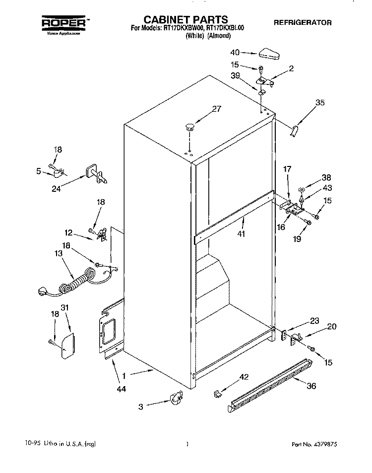 CABINET Diagram and Parts List for RT17DKXBL00  Roper Refrigerator
