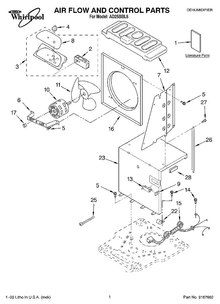 AIR FLOW AND CONTROL PARTS Diagram and Parts List for AD25BBL6  Whirlpool Dehumidifier