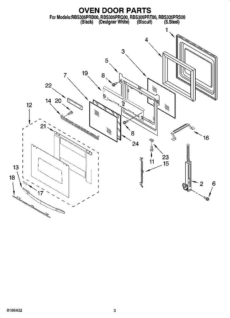 OVEN DOOR PARTS Diagram and Parts List for RBS305PRB00  Whirlpool Wall Oven