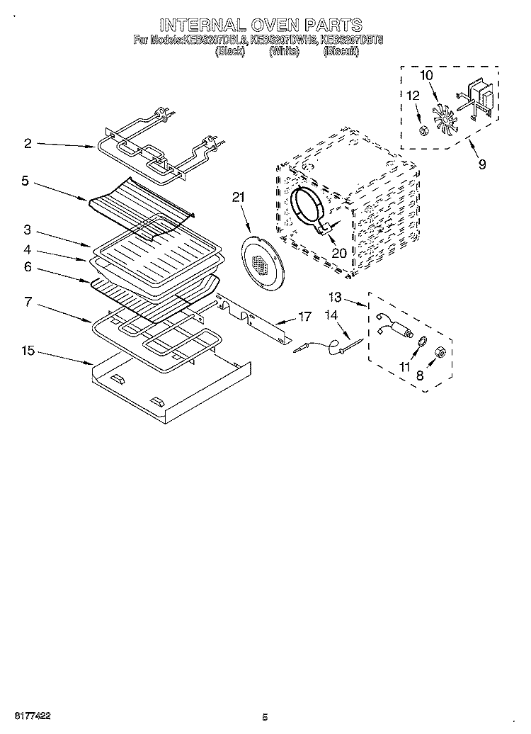 INTERNAL OVEN Diagram and Parts List for KEBS207DWH8  KitchenAid Wall Oven
