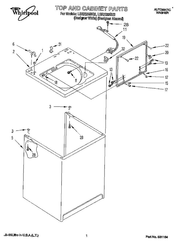 TOP AND CABINET, LIT/OPTIONAL Diagram and Parts List for LSR7233BQ2  Whirlpool Washer