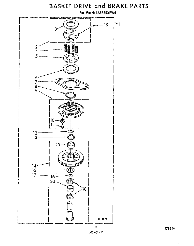 BASKET DRIVE AND BRAKE Diagram and Parts List for LA5580XPW0  Whirlpool Washer
