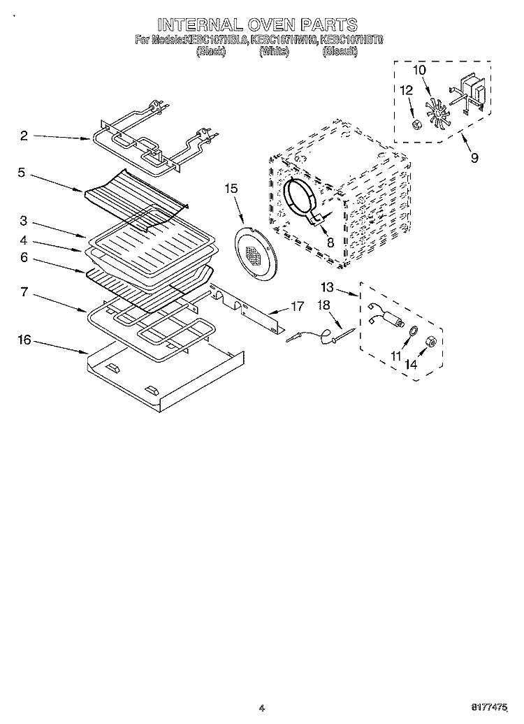 INTERNAL OVEN Diagram and Parts List for KEBC107HWH0  KitchenAid Wall Oven
