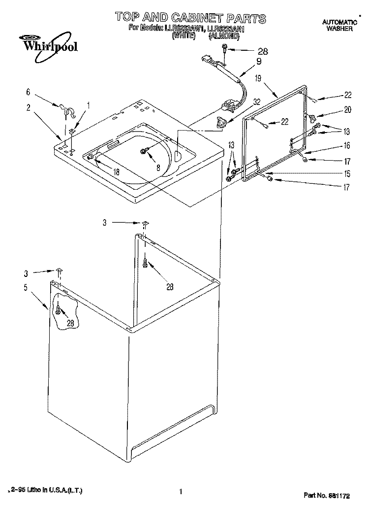TOP AND CABINET Diagram and Parts List for LLR6233AW1  Whirlpool Washer