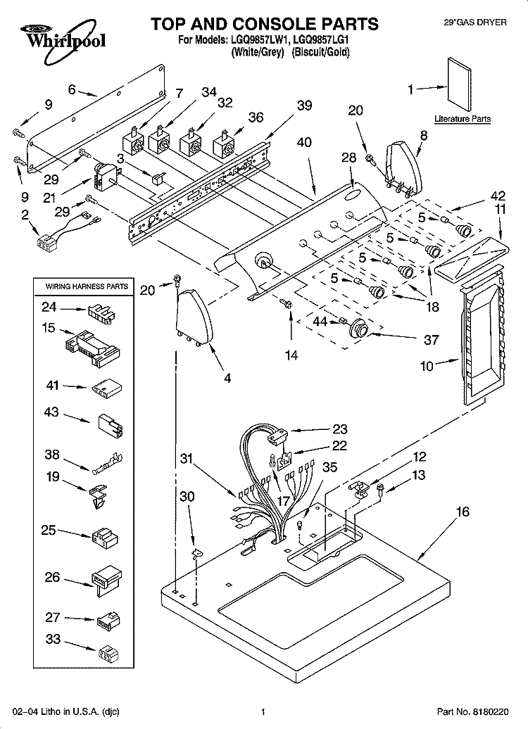 TOP AND CONSOLE PARTS OPTIONAL PARTS (NOT INCLUDED) Diagram and Parts List for LGQ9857LG1  Whirlpool Dryer