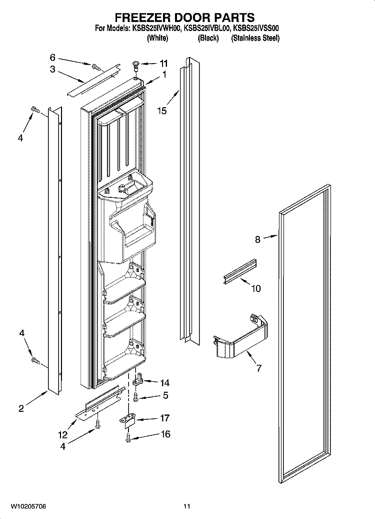 FREEZER DOOR PARTS Diagram and Parts List for KSBS25IVSS00  KitchenAid Refrigerator