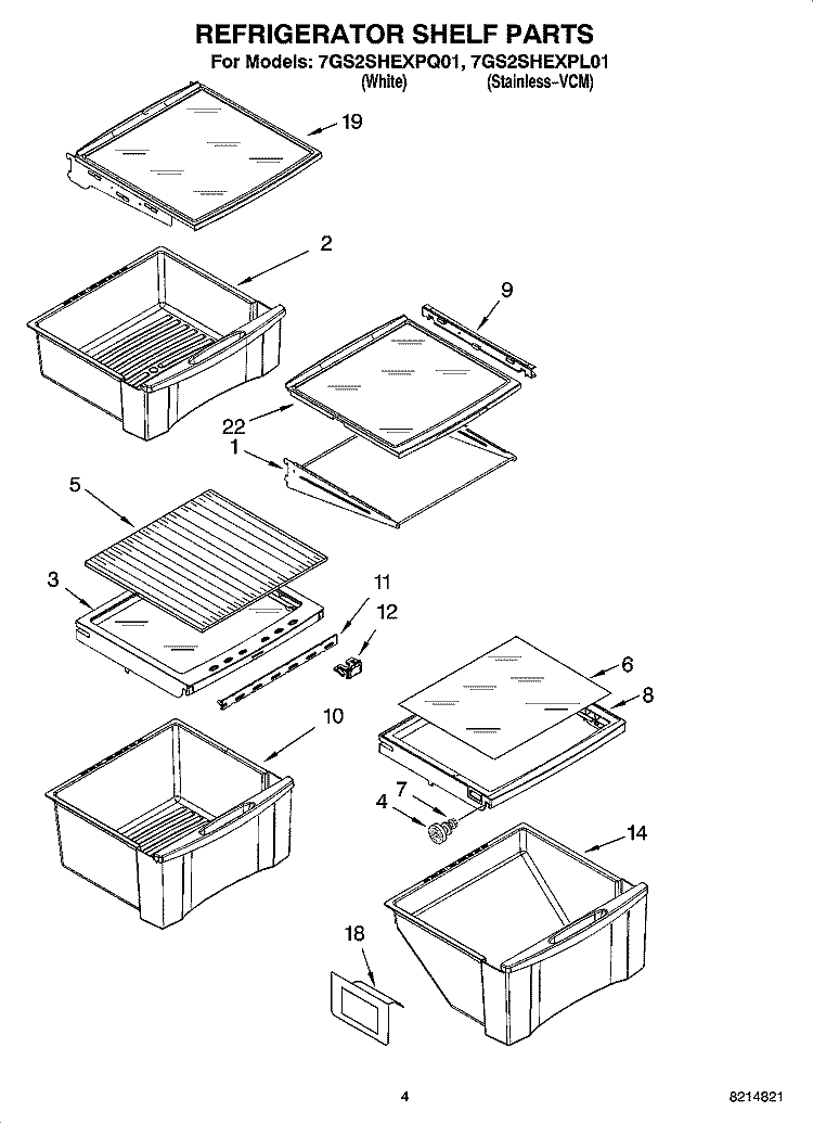 REFRIGERATOR SHELF PARTS Diagram and Parts List for 7GS2SHEXPL01  Whirlpool Refrigerator
