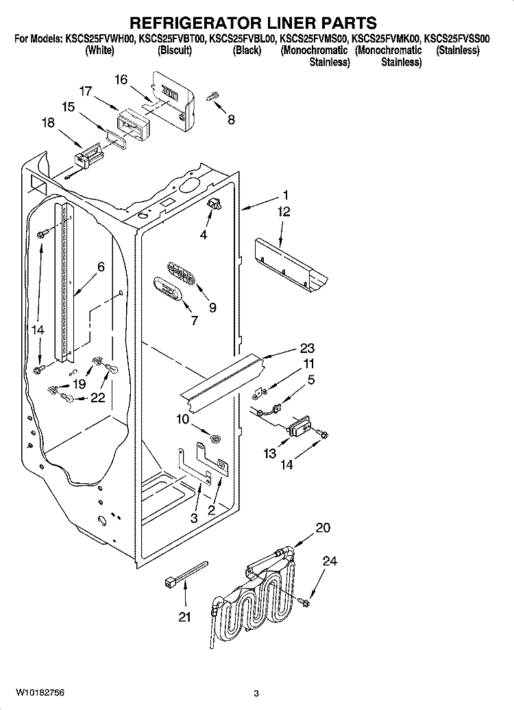 REFRIGERATOR LINER PARTS Diagram and Parts List for KSCS25FVSS00  KitchenAid Refrigerator
