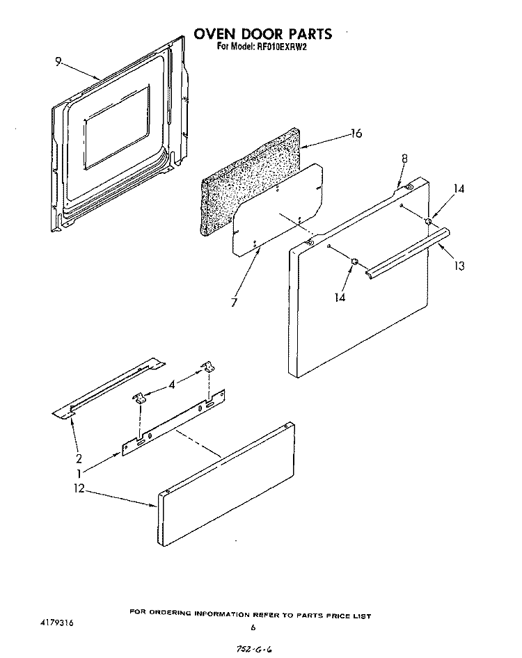 OVEN DOOR Diagram and Parts List for RF010EXRW2  Whirlpool Range