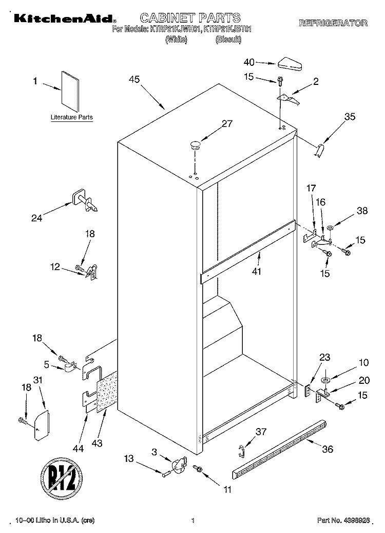 CABINET, LITERATURE Diagram and Parts List for KTRP21KJWH01  KitchenAid Refrigerator