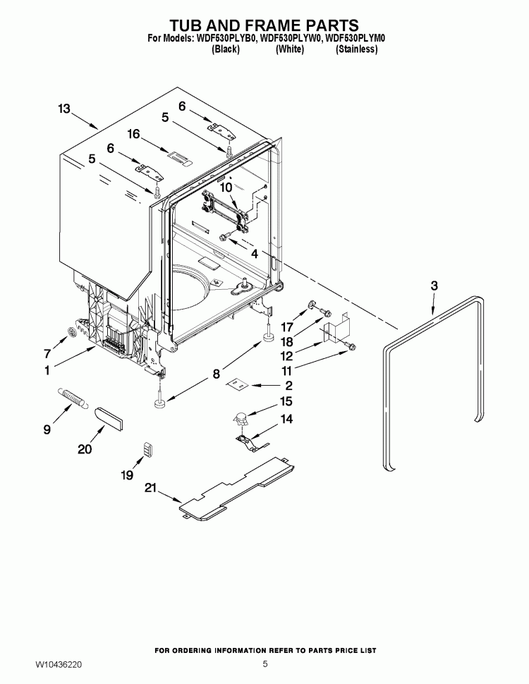 TUB AND FRAME PARTS Diagram and Parts List for WDF530PLYB0  Whirlpool Dishwasher