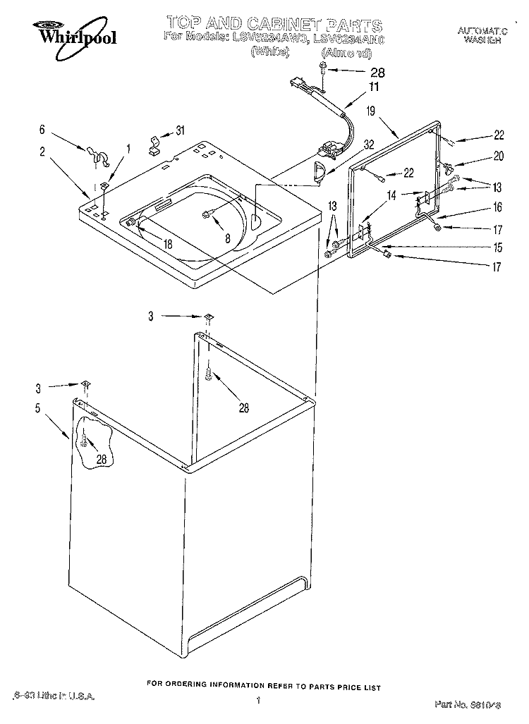 TOP AND CABINET, LIT/OPTIONAL Diagram and Parts List for LSV6234AW0  Whirlpool Washer