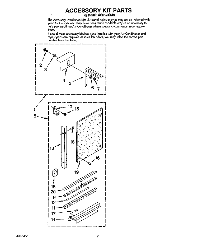 ACCESSORY KIT Diagram and Parts List for ACR124XA0  Whirlpool Air Conditioner