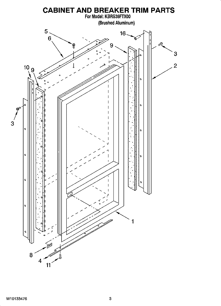 CABINET AND BREAKER TRIM PARTS Diagram and Parts List for KBRS36FTX00  KitchenAid Refrigerator