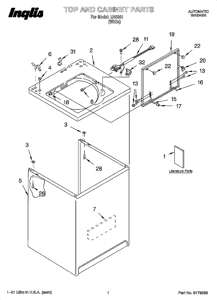 TOP AND CABINET PARTS Diagram and Parts List for IJ45001  Inglis Washer