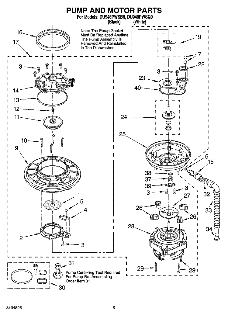 PUMP AND MOTOR PARTS Diagram and Parts List for DU948PWSQ0  Whirlpool Dishwasher