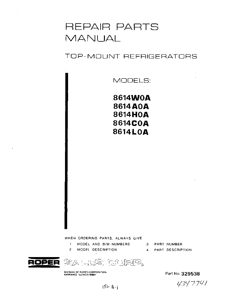 COVER Diagram and Parts List for 8614W0A  Roper Refrigerator