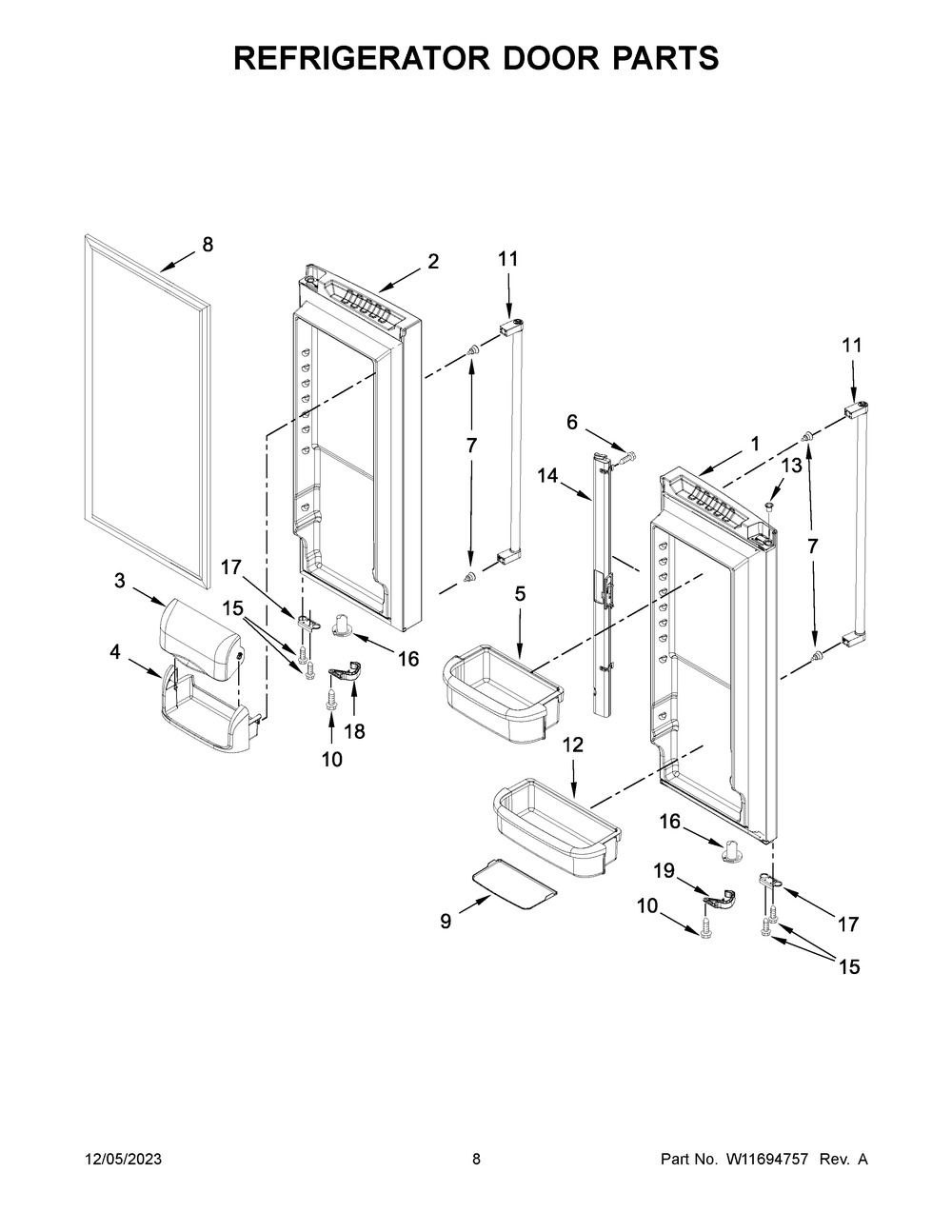 Refrigerator Door Parts Diagram and Parts List for KRFF305ESS08  KitchenAid Refrigerator