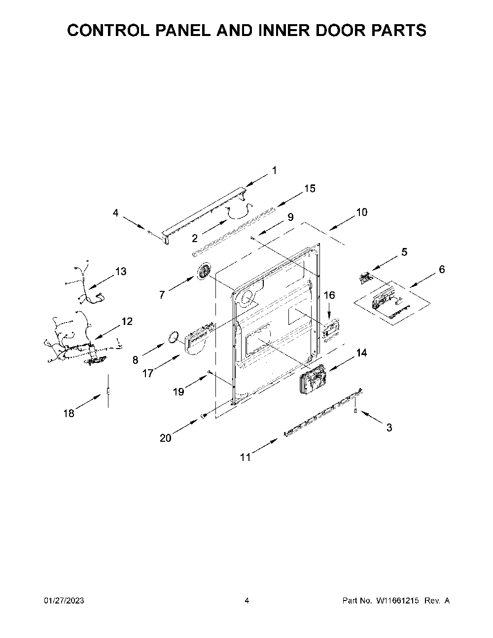 Control Panel And Inner Door Parts Diagram and Parts List for KDFE204KBL1  KitchenAid Dishwasher